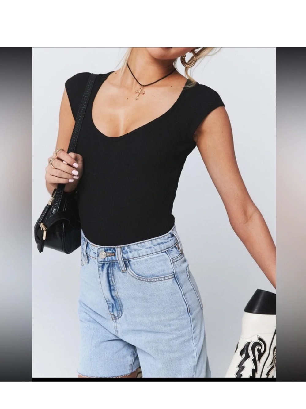 Princess Polly Black Scoop Neck Cap-Sleeve Bodysuit